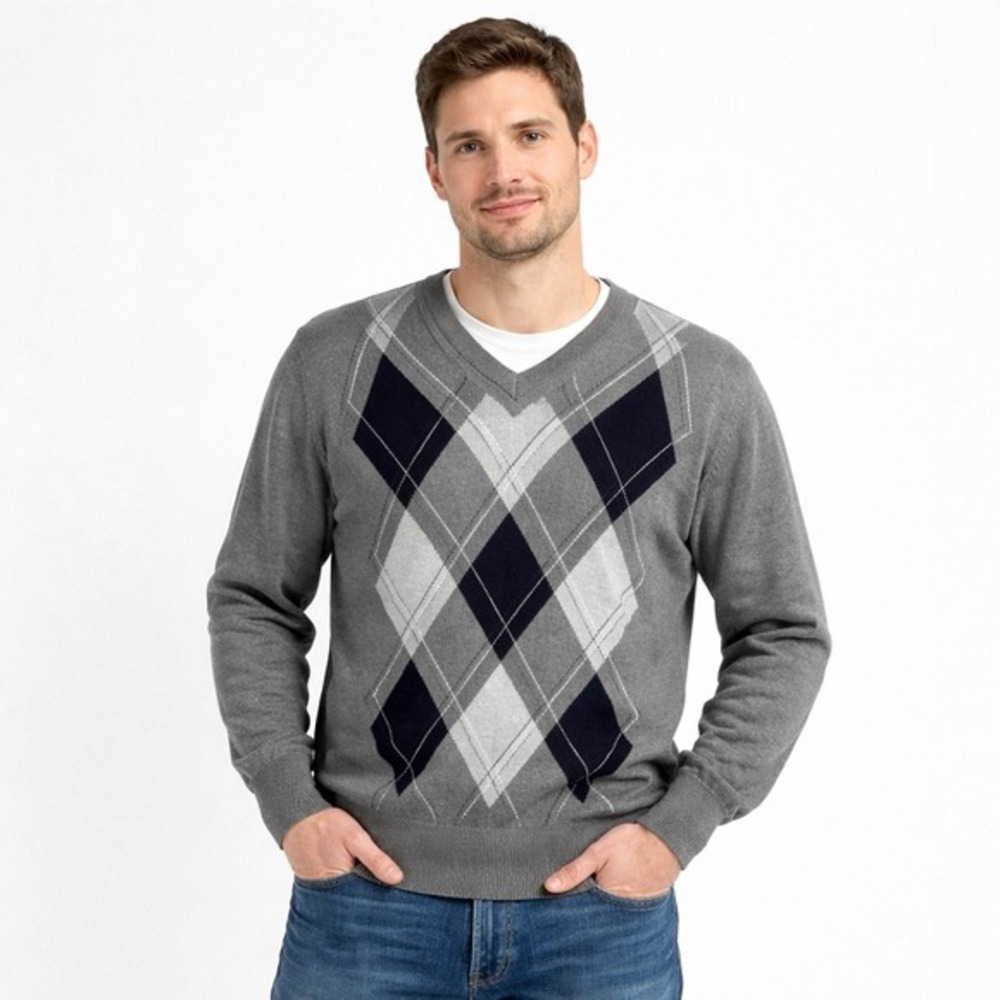 Mario Gilberti Argyle Sweater Mens L Grey Navy Merino Wool V-Neck Made in‎ Italy